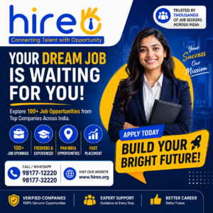 Hireo Placement job advertisement banner showing a professional female candidate promoting 1000+ job opportunities in India with apply now call to action and contact details for freshers and experienced job seekers