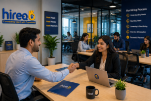 Hireo recruiter shaking hands with candidate in office after successful hiring process and job placement