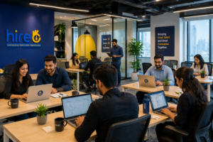 Hireo employees working together in a modern office with collaborative workspace and recruitment team environment