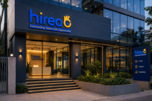 Hireo recruitment company office exterior with modern glass building and illuminated entrance