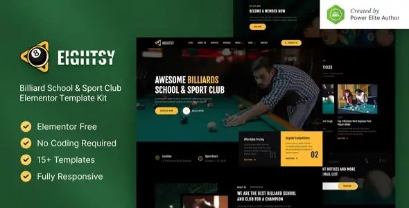 Eightsy – Billiard School & Sport Club Elementor Template Kit