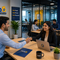 Hireo recruiter shaking hands with candidate in office after successful hiring process and job placement