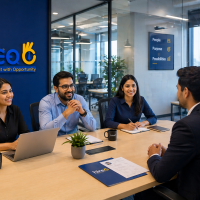 Hireo recruitment team conducting a professional job interview in a modern office meeting room