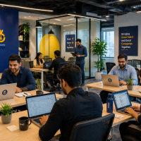 Hireo employees working together in a modern office with collaborative workspace and recruitment team environment